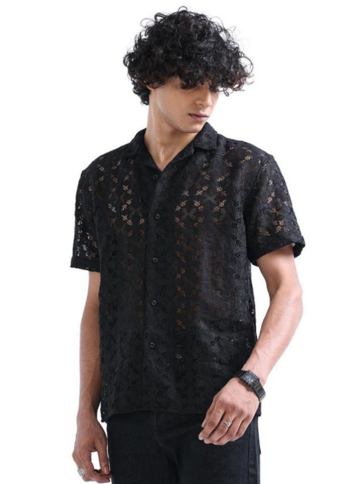 Uptown Funky Men's Shark Black Cuban Collar Crochet Shirt